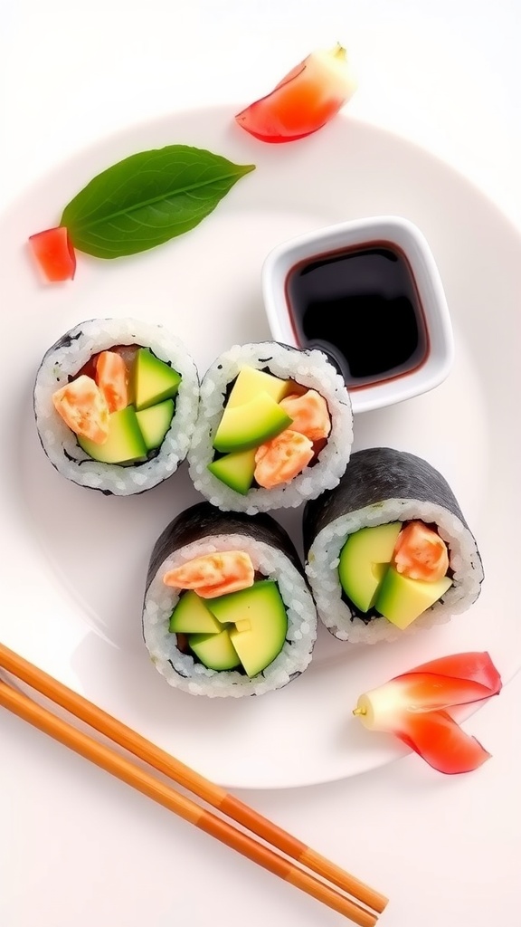 Four California sushi rolls filled with avocado, crab, and cucumber on a plate with wasabi and soy sauce.